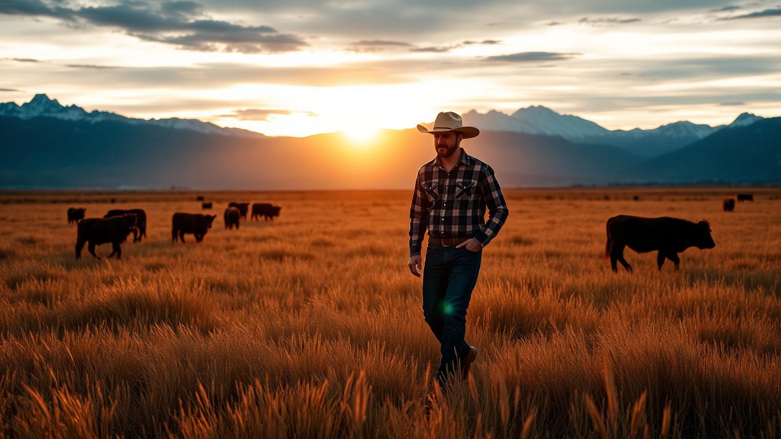 Rancher in a cowboy hat walking through golden prairie grass at sunrise with grazing cattle and the Rocky Mountains behind